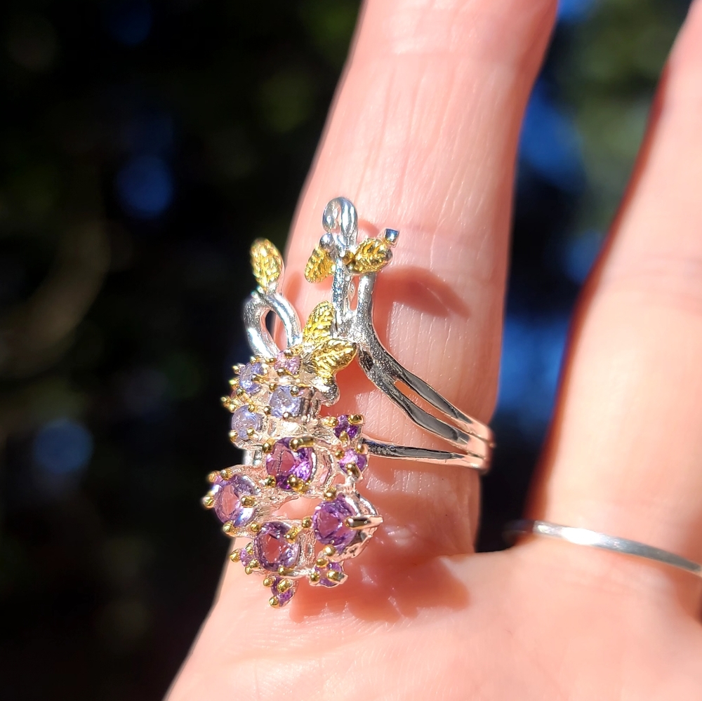 Amethyst & Topaz floral sterling & gold finger cuff sz7.75 - Picture 12 of 12